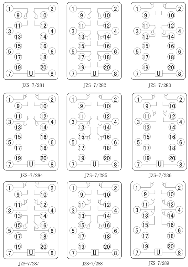 JZS-7/285斷電延時中間繼電器內部接線圖